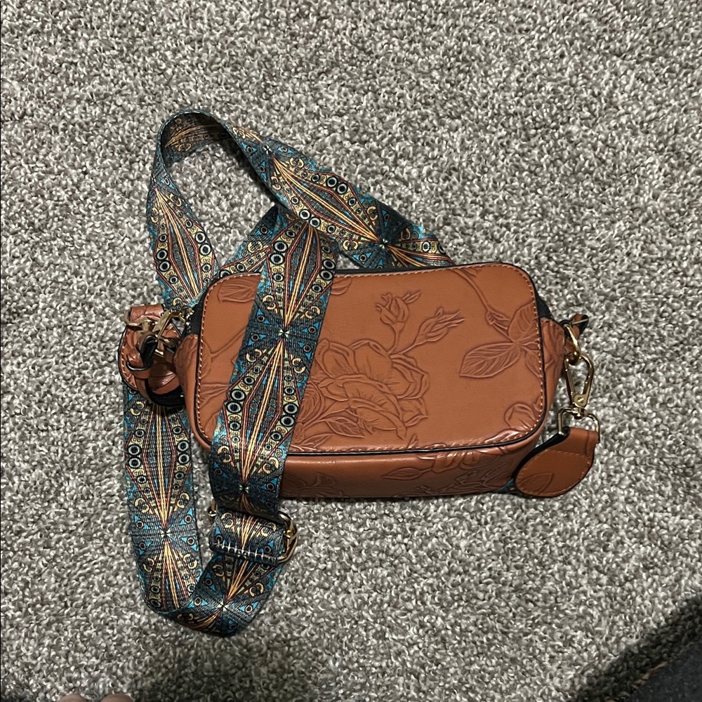 T.J.Maxx Brown Floral Crossbody Bag with Patterned Strap